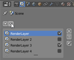 A gif showing the Properties Editor in Blender 3D. The scene tab is selected and render layers are listed below. Two buttons, one with an 'up' arrow and one with a 'down' arrow are being pressed. As the buttons are pressed the selected render layer is being moved up and down.